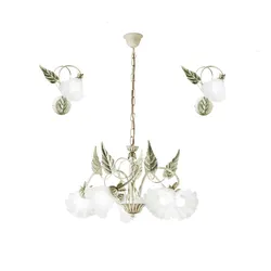 Set stile classico lampada sospesa e 2 applique in metallo crema con decorazioni foglie