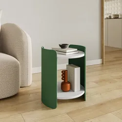 Tavolino rotondo 40 cm in metallo verde oliva opaco con top bianco e ripiano - Talika