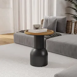 Tavolino rotondo 40 cm in metallo nero con top in rattan naturale - Lothma