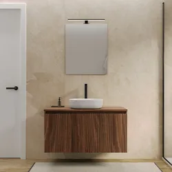 Mobile bagno sospeso con ante 100 cm rovere deciso cannettato con top e specchio - Nerk