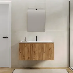 Mobile bagno sospeso con ante 100 cm rovere gold cannettato con lavabo e specchio - Nerk