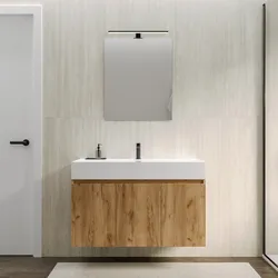 Mobile bagno sospeso 100 cm con ante rovere gold cannettato con lavabo e specchio - Nerk