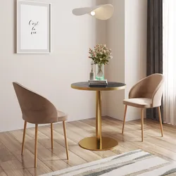 Tavolo rotondo 70 cm top in pietra siterizzata nero effetto marmo e base oro in acciaio spazzolato - Caio Deluxe