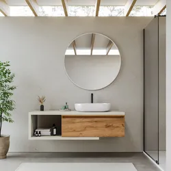 Mobile bagno sospeso 150 cm rovere bianco con cassettone rovere gold e specchio - Balik