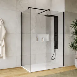 Box doccia walk-in due lati 80x80 con vetro anticalcare trasparente e profilo nero opaco 200h - Keep