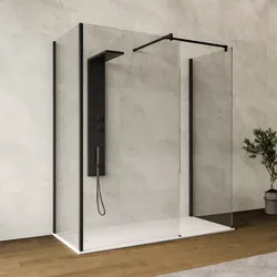 Box doccia walk-in tre lati 80x110x80 con vetro anticalcare trasparente e profilo nero opaco 200h - Keep