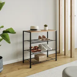 Scarpiera 63x63h cm in acciaio nero e legno con 4 ripiani - Duke