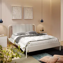 Letto matrimoniale 160x200 cm in tessuto con struttura in metallo beige e testata sfoderabile - Lullaby
