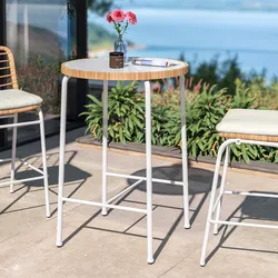 Tavolo alto da esterno rotondo 70 cm in acciaio bianco polyrattan naturale e top in vetro - Griel