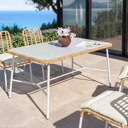 Tavolo da esterno 150x90 cm in acciaio bianco polyrattan naturale e top in vetro - Griel
