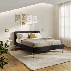 Letto matrimoniale 160x200 cm in velluto nero con gambe oro - Viggo