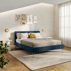 Letto matrimoniale 160x200 cm in velluto blu petrolio con gambe oro - Viggo