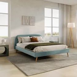 Letto matrimoniale 160x200 cm in tessuto effetto maglia verde salvia con piedi in legno - Ramon