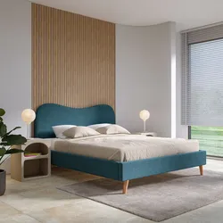 Letto matrimoniale 160x200 cm in tessuto effetto maglia blu petrolio con gambe in legno - Guadal