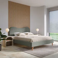 Letto matrimoniale 160x200 cm in tessuto effetto maglia verde salvia con gambe in legno - Guadal