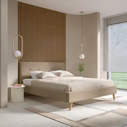 Letto matrimoniale 160x200 cm in tessuto effetto maglia tortora con gambe in legno - Lasly