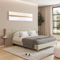 Letto matrimoniale 160x200 cm in tessuto tortora con mensole integrate rovere chiaro e piedi in metallo oro - Nalfo