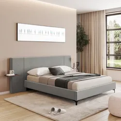 Letto matrimoniale contenitore 160x200 cm in tessuto grigio con mensole integrate noce e piedi in metallo nero - Nalfo