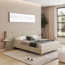 Letto matrimoniale contenitore 160x200 cm in tessuto tortora con mensole integrate rovere chiaro e piedi in metallo oro - Nalfo