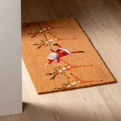 Zerbino natalizio 45x75 cm in coir con disegno Babbo Natale e renne
