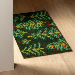 Zerbino natalizio 45x75 cm in coir con disegno alberi di natale verdi
