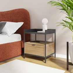 Comodino 48x40 cm effetto rovere grano e metallo nero con 1 cassetto - Puton