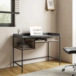 Scrivania 110x51 cm effetto rovere grano e metallo nero con ripiani - Puton