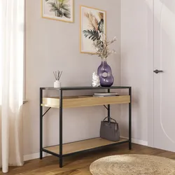 Consolle 110x80h cm effetto rovere grano e metallo nero con ripiano - Puton