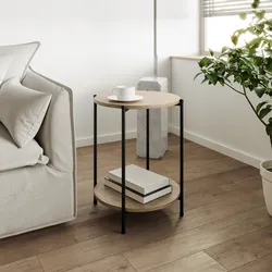 Tavolino 43 cm con top effetto rovere moderno e gambe in acciaio nero - Broderick