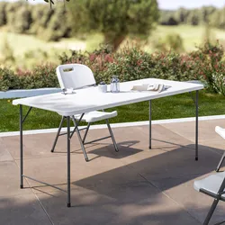 Tavolo da esterno pieghevole 180x70 cm con gambe ad L in acciaio grigio opaco e top in resina bianco - Tasfa