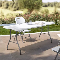 Tavolo da esterno pieghevole 180x75 cm con gambe ad H in acciaio grigio opaco e top in resina bianco - Tasfa