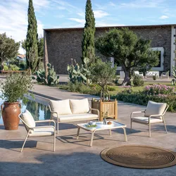Set relax divano 2 poltrone e tavolino in acciaio champagne con cuscini beige - Arorn