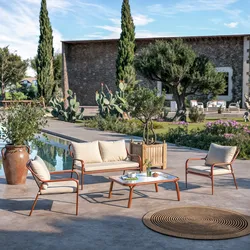 Set relax divano 2 poltrone e tavolino in acciaio terracotta con cuscini beige - Arorn