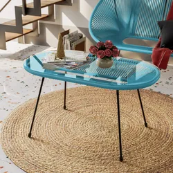 Tavolino da interno 90x50 cm in metallo nero e corda azzurro - Kalimba
