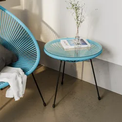 Tavolino rotondo da interno 50 cm in corda azzurro e piano in vetro - Kalimba