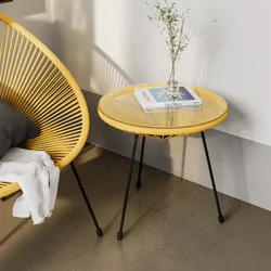 Tavolino rotondo da interno 50 cm in corda giallo e piano in vetro - Kalimba