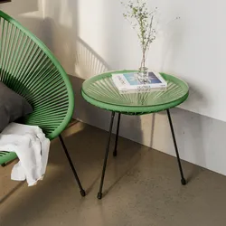 Tavolino rotondo da interno 50 cm in corda verde e piano in vetro - Kalimba