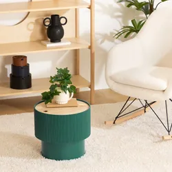 Tavolino contenitore rotondo 38 cm cannettato verde smeraldo con top impiallacciato in frassino - Birmingham