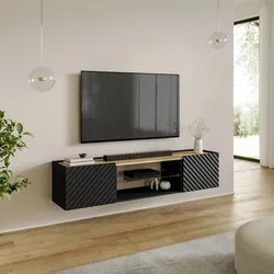Mobile porta tv sospeso 181x39h cm top effetto rovere e nero cannettato obliquo con 2 ante - Emerald