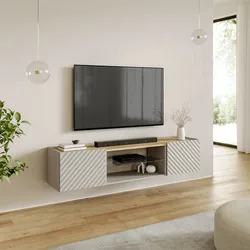 Mobile porta tv sospeso 181x39h cm top effetto rovere e cashmere cannettato obliquo con 2 ante - Emerald