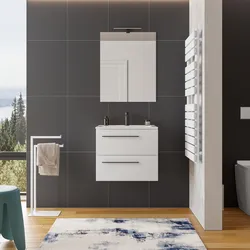 Mobile bagno sospeso 60 cm bianco opaco con lavabo integrato e specchio - Miller