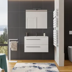 Mobile bagno sospeso 80 cm bianco opaco con lavabo integrato e specchio - Miller