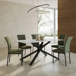 Tavolo da pranzo 180x90 cm con top in ceramica bianco effetto marmo con gambe in metallo nero - Vitus