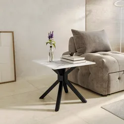 Tavolino 60x60 cm con top in ceramica bianco effetto marmo con gambe in metallo nero - Vitus