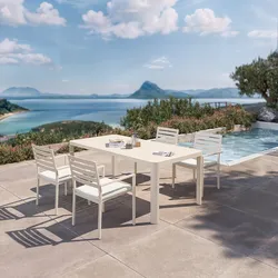 Set pranzo in alluminio beige con tavolo allungabile 200/300x100 cm e 4 sedie con braccioli e cuscino - Carioca