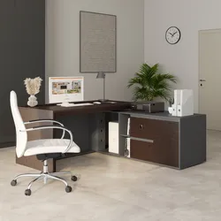 Scrivania angolare reversibile 180x180 cm in legno noce e grigio con foro passacavi ante e cassetti - Meva