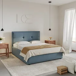Letto matrimoniale 160x190 cm imbottito e rivestito in tessuto blu polvere con contenitore - Basha