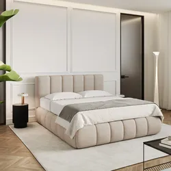 Letto matrimoniale 160x190 cm imbottito e rivestito in tessuto crema con contenitore - Degan