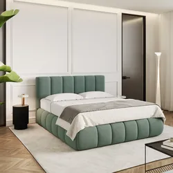 Letto matrimoniale 160x190 cm imbottito e rivestito in tessuto verde salvia con contenitore - Degan