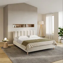 Letto matrimoniale 160x190 cm in tessuto crema con gambe in legno - Diskel